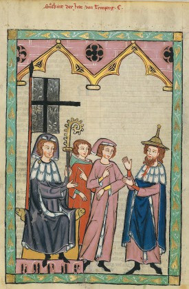 Süsskind von Trimberg portant un chapeau juif avec un dignitaire de la ville de Constance (XIVe siècle, bibliothèque de l'université d'Heidelberg)
