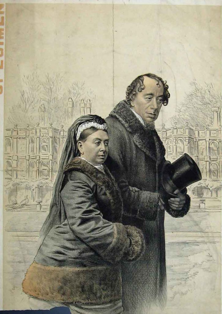 Drawing of PM Benjamin Disraeli, walking with Queen Victoria in London