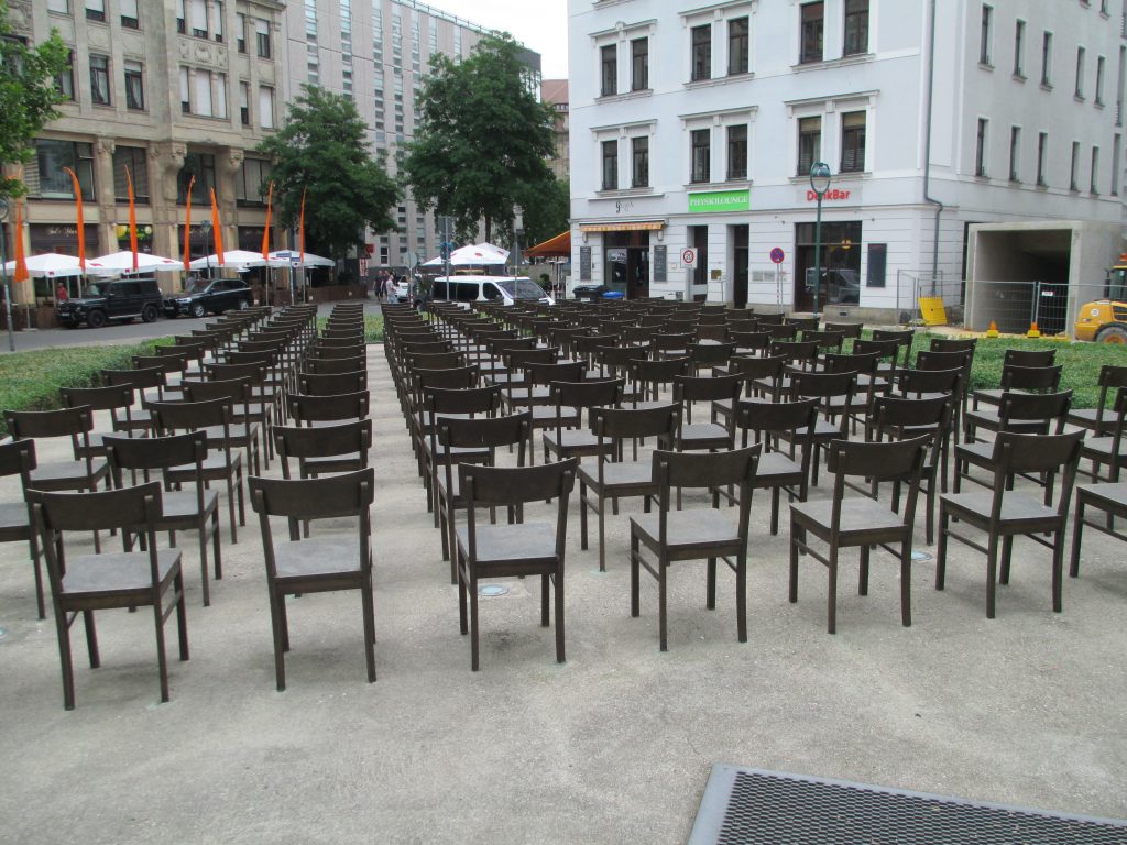 Chairs marking the synagogue memorial in the German city of Leipzig