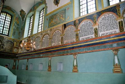 Inside view of the Lancut synagogue with all its colors and hebrew writings