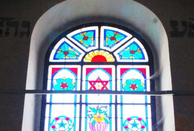 Inside view of the stained glass windows of Kolin's synagogue