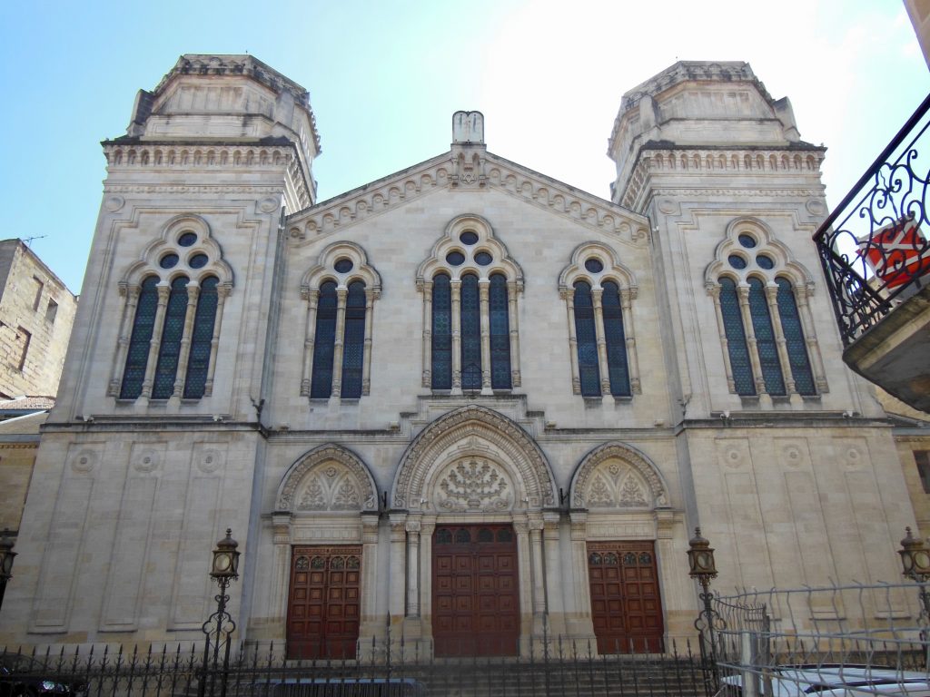 Outside view of the synagogue of Bordeaux with its two towers