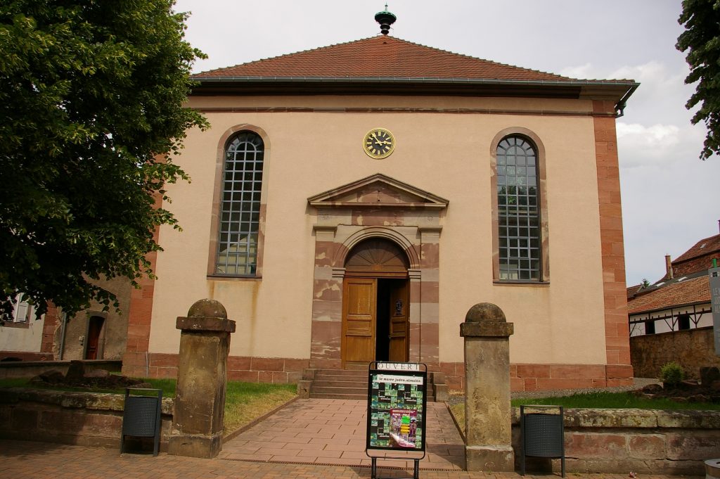 Outside view of the synagogue of Bouxwiller with its glass stained windows