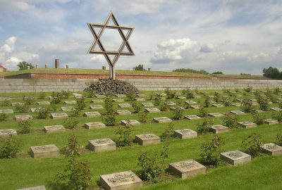 View of the Terezin Memorial cemetery with a star of David