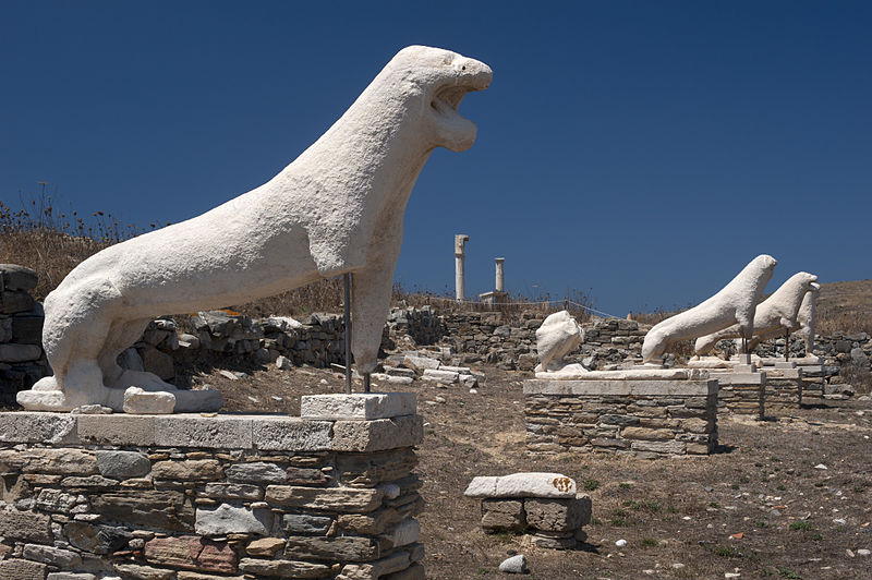 Statues of roaring lions standing guard in Delos