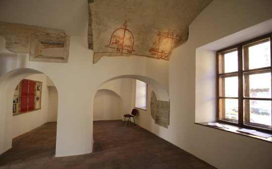 Inside view of the Jewish chapel of Budapest with drawings on the ceiling