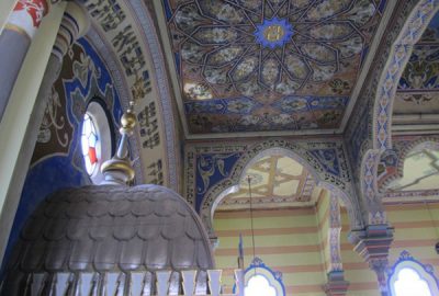 Inside view of the synagogue of Presov with its decorated ceiling