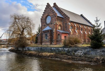 Outside view of the Grand synagogue of Velke facing the Oslava river