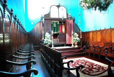 Inside view of the Sahar Hassamain synagogue in Azores and its Aron