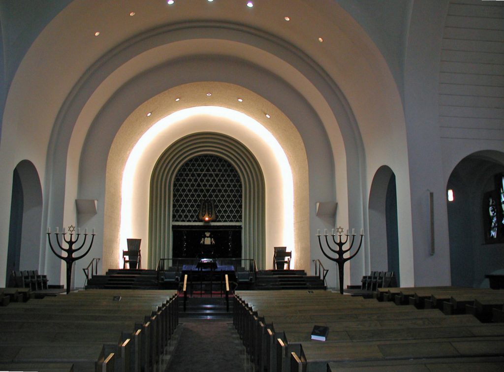 Inside view of the synagogue on Roonstrasse with two menorahs