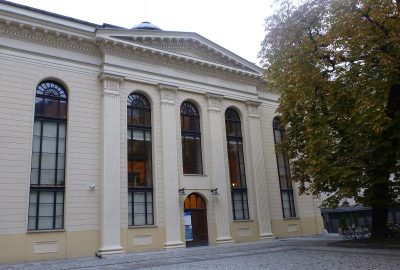 Entry of the Wroclaw White Stork synagogue with a greek architecture