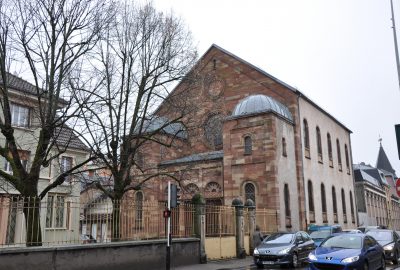 Outside view of the Romano Byzantine style synagogue
