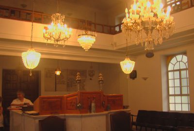 Lamps inside the synagogue of Volos