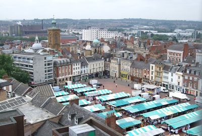 Panoramic view of the city of Northampton with its market