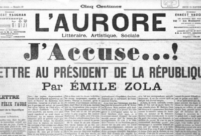 Famous first page of the newspaper where Zola defended Dreyfus