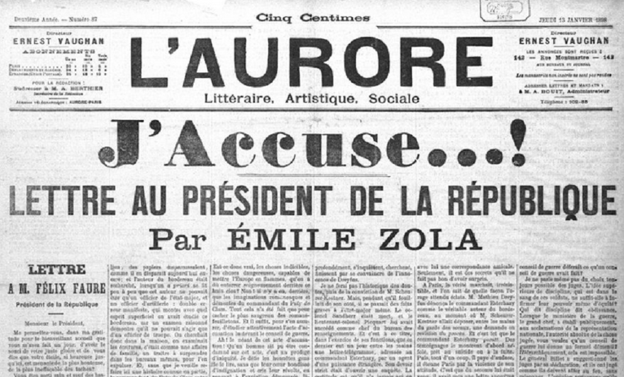 Famous first page of the newspaper where Zola defended Dreyfus