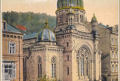 Postcard of the ancient synagogue of Carlsbad